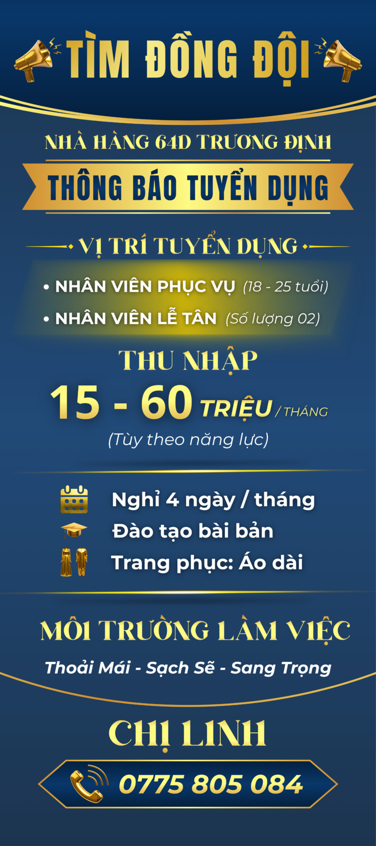 TUYỂN DỤNG NHÂN VIÊN PHỤC VỤ & LỄ TÂN – NHÀ HÀNG 64D TRƯƠNG ĐỊNH (TP.HCM)